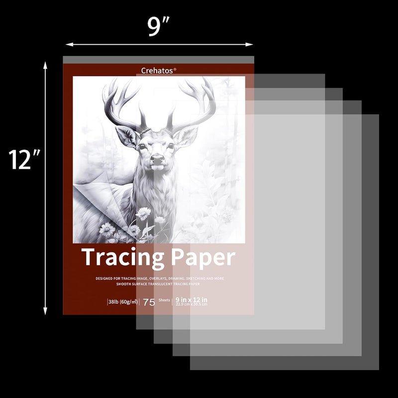 Crehatos 9" x 12" Tracing Paper, Translucent Tracing Pad, 75 Sheets 38lb/60gsm Vellum Art Paper - Image 3